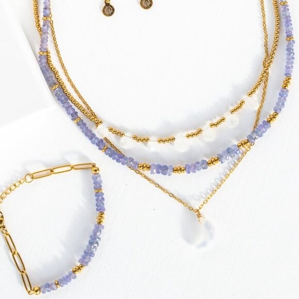 Tanzanite Beaded Necklace Purple Blue Gemstone Gold Waterproof Necklace - Picture 8 of 12